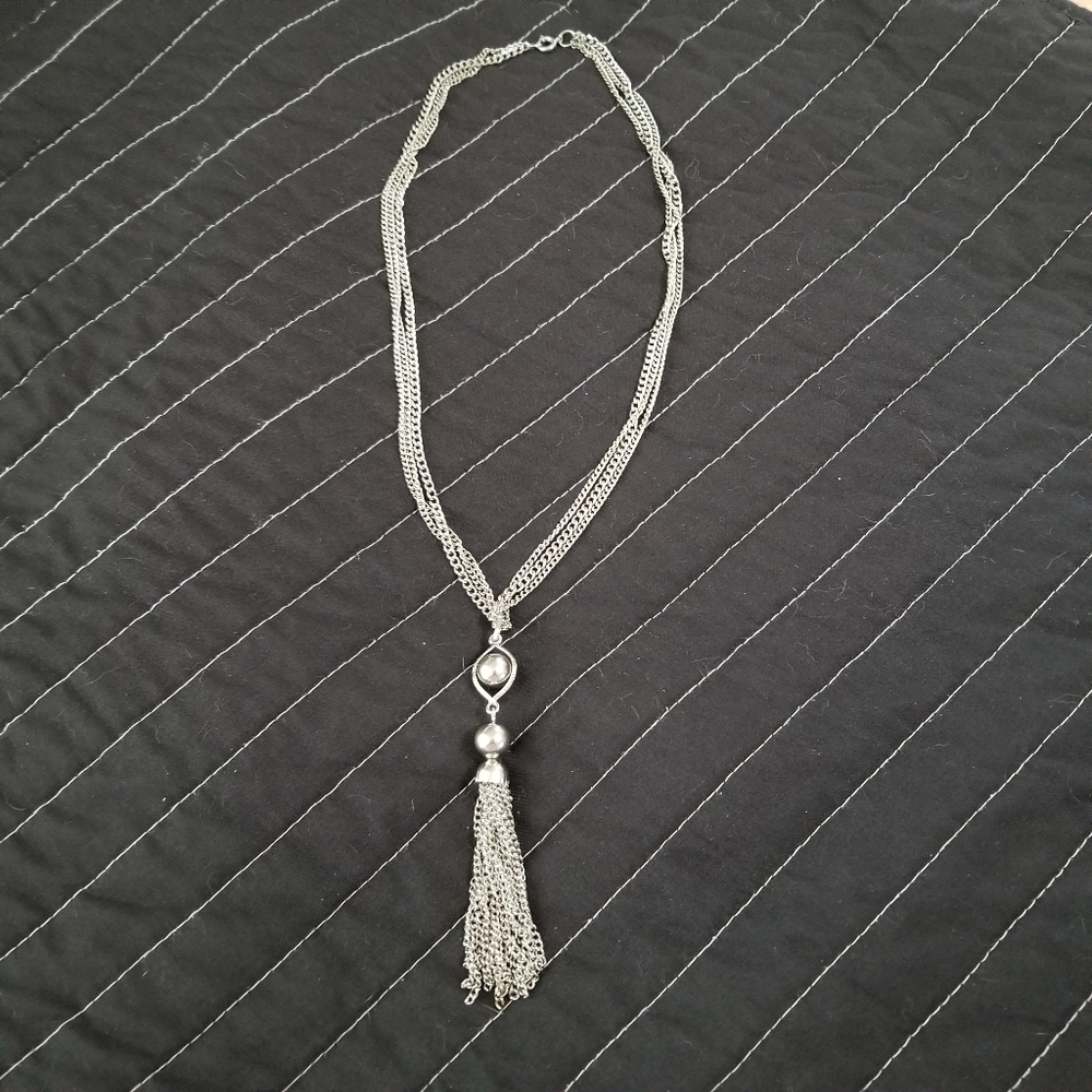 Vintage Roaring 20's Tassel Pendant Triple Chain Stainless Steel Necklace